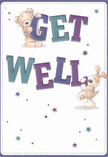 This get well card design shines with cheerfulness and heartfelt optimism, visually echoing the community bonds of Spitalfields. The illustration is alive with two sweet figures-a plush teddy bear and a floppy-eared puppy-both balancing atop the vivid, playful 'Get Well' message. The confident brushstrokes and expressive faces lend a touchably soft feel, reminiscent of the fresh textures seen in Spitalfields Florist's hand-selected blooms. Rich indigo, teal, and sapphire in the letters stand out against a smooth, creamy background, while scattered stars in shimmering blues and lilacs ripple across the scene like good wishes flowing through Old Spitalfields Market. The artwork wraps the viewer in genuine comfort and kindheartedness, designed to bring a smile and gentle encouragement, just as a thoughtfully delivered bouquet would to someone resting on Fournier Street or nearby lanes.
